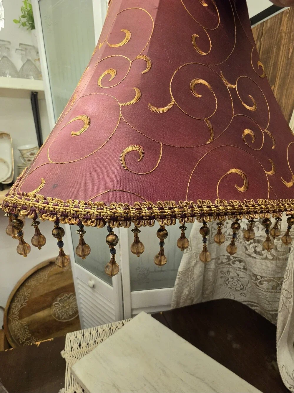 Vintage Victorian Style Burgundy Gold Fabric Square Bell Lampshade Beaded Fringe